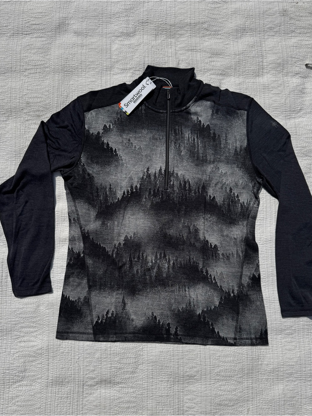Smartwool , Men's Black and Gray Mountain-Print Merino Zip Top, XXL